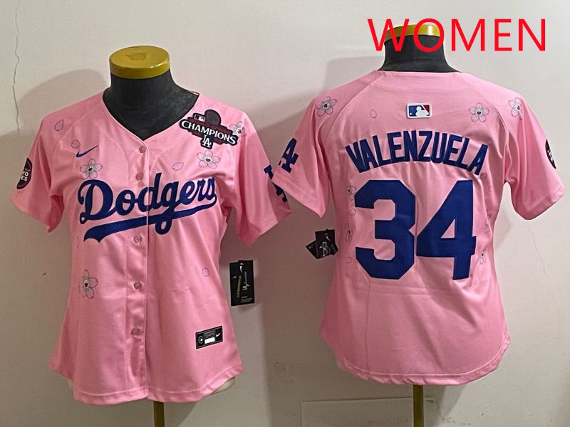 Women Los Angeles Dodgers 34 Valenzuela Pink Sakura Edition 2025 Nike MLB Jersey style 37